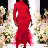 Women Red High Neck Long Sleeve Patchwork Mesh Mermaid Bodycon Dress