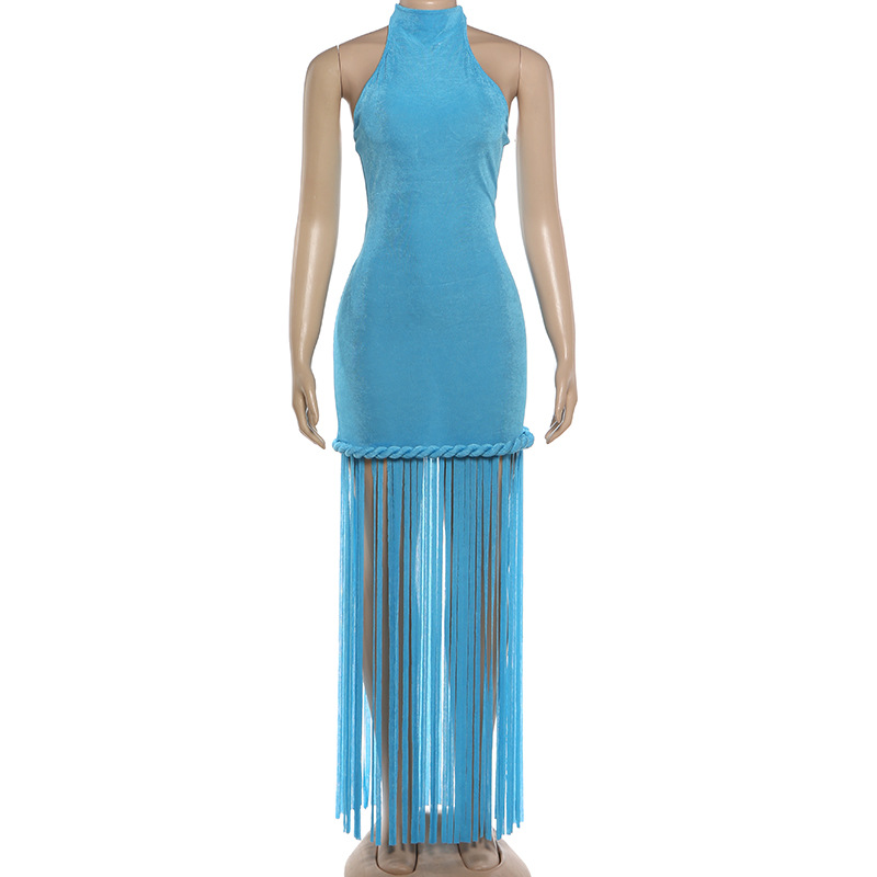Fringed Halter Backless Dress for Spring Evening Events