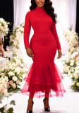 Women Red High Neck Long Sleeve Patchwork Mesh Mermaid Bodycon Dress