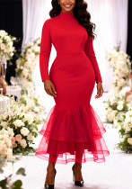 Women Red High Neck Long Sleeve Patchwork Mesh Mermaid Bodycon Dress Women Red High Neck Long Sleeve Patchwork Mesh Mermaid Bodycon Dress