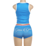 Women Spring Sexy Sleeveless Crop Top and Printed Shorts Two Piece Set