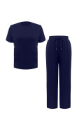 Women Casual Striped T-Shirt Straight Pants Two Piece Set