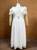Plus Size Women Stand Collar Ruffled Bell Bottom Sleeve Formal Party Dress