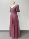 Spring Summer Women Elegant V Neck Short Sleeve Sequin Patchwork Mesh Plus Size Dress