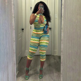 Women Summer Sleeveless Multi-Color Wave Print Backless Capri Romper