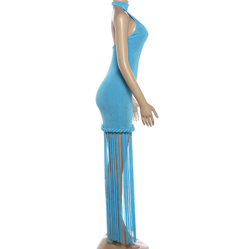 Fringed Halter Backless Dress for Spring Evening Events