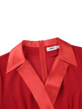 Women Red Patchwork Turndown Collar Long Sleeve Ruffled Party Bodycon Dress