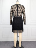 Women Lace Long Sleeve Sexy Cut-Out Heart Print Fringed Dress