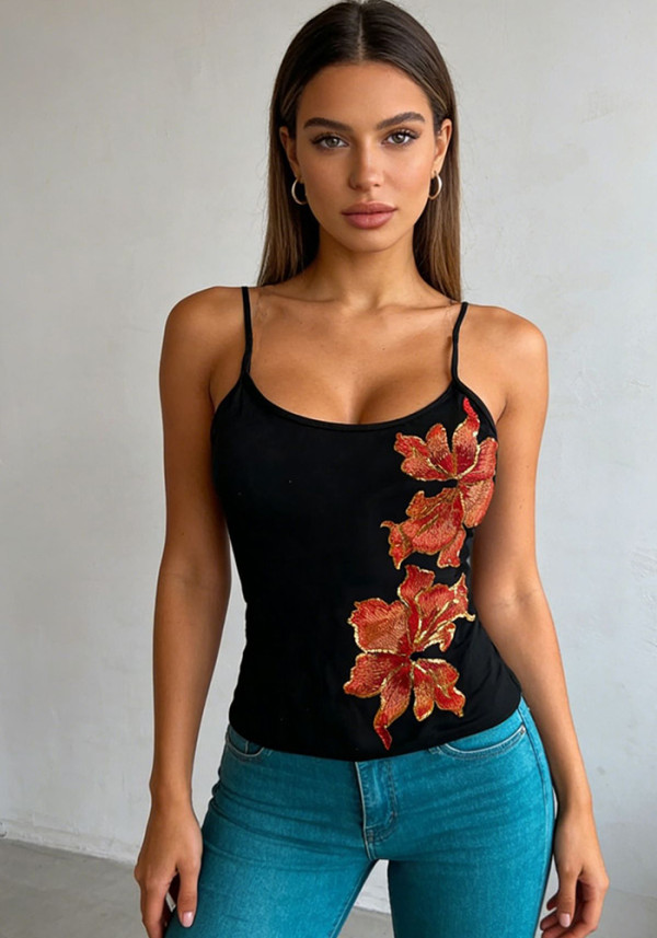 Women Sexy Sequin Flower Camisole Tank Top