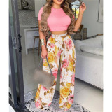 Women Elegant Short Sleeve Printed Top and Pants Two Piece Set