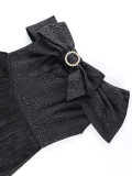 Women Jacquard Sexy Formal Party Black Slash Shoulder Rhinestone Bow Fringed Dress