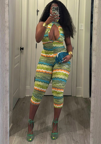 Women Summer Sleeveless Multi-Color Wave Print Backless Capri Romper