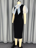 Plus Size Women Polka Dot Tulle Sleeve Bow Bodycon Dress