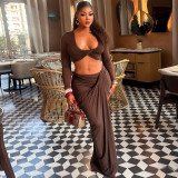 Women Solid Casual Bodycon Holiday U Neck Long Sleeve Two Piece Skirt Set
