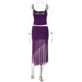 Women Summer Beaded Tank Top and Skirt Two Piece Set
