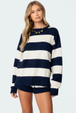 Women Summer Casual Round Neck Striped Patchwork Knitting Top and Shorts Two Piece Set