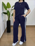 Women Casual Striped T-Shirt Straight Pants Two Piece Set