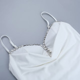 Women French Pearl Diamond Spaghetti Strap Dress