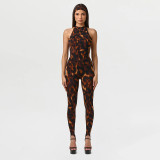 Women Spring Printed Bodysuit and Footed Pants Two Piece Set