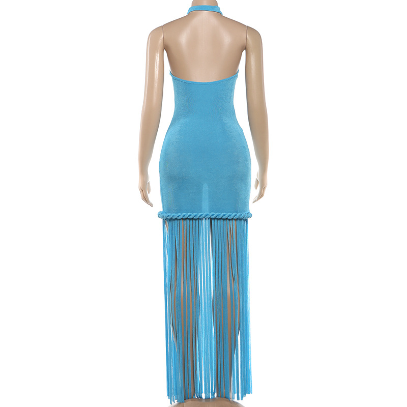 Fringed Halter Backless Dress for Spring Evening Events