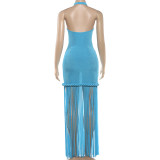 Women Spring Fringed Halter Neck Sexy Backless Dress
