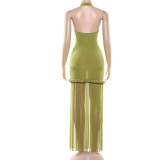 Women Spring Fringed Halter Neck Sexy Backless Dress