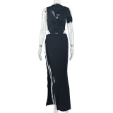 Women Solid Hollow Out Crop Irregular High Neck Sleeveless Long Dress