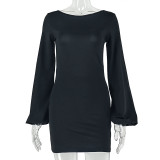 Women Solid Sexy Round Neck Long Sleeve Backless Bodycon Mini Dress