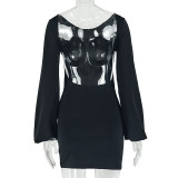 Women Solid Sexy Round Neck Long Sleeve Backless Bodycon Mini Dress