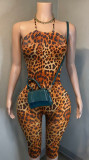 Women Fashion Printed Stretch Halter Neck Backless Slim Fit Jumpsuit