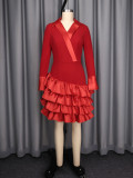 Women Red Patchwork Turndown Collar Long Sleeve Ruffled Party Bodycon Dress