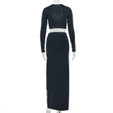 Women Solid Casual Bodycon Holiday U Neck Long Sleeve Two Piece Skirt Set