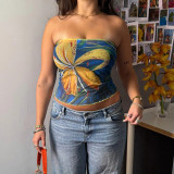 Women Color Block Floral Printed Sleeveless Strapless Holidays Top