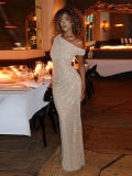 Women Summer Clothing Slash Shoulder Sleeveless Beaded Maxi Dress