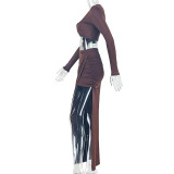 Women Solid Casual Bodycon Holiday U Neck Long Sleeve Two Piece Skirt Set