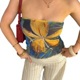 Women Color Block Floral Printed Sleeveless Strapless Holidays Top