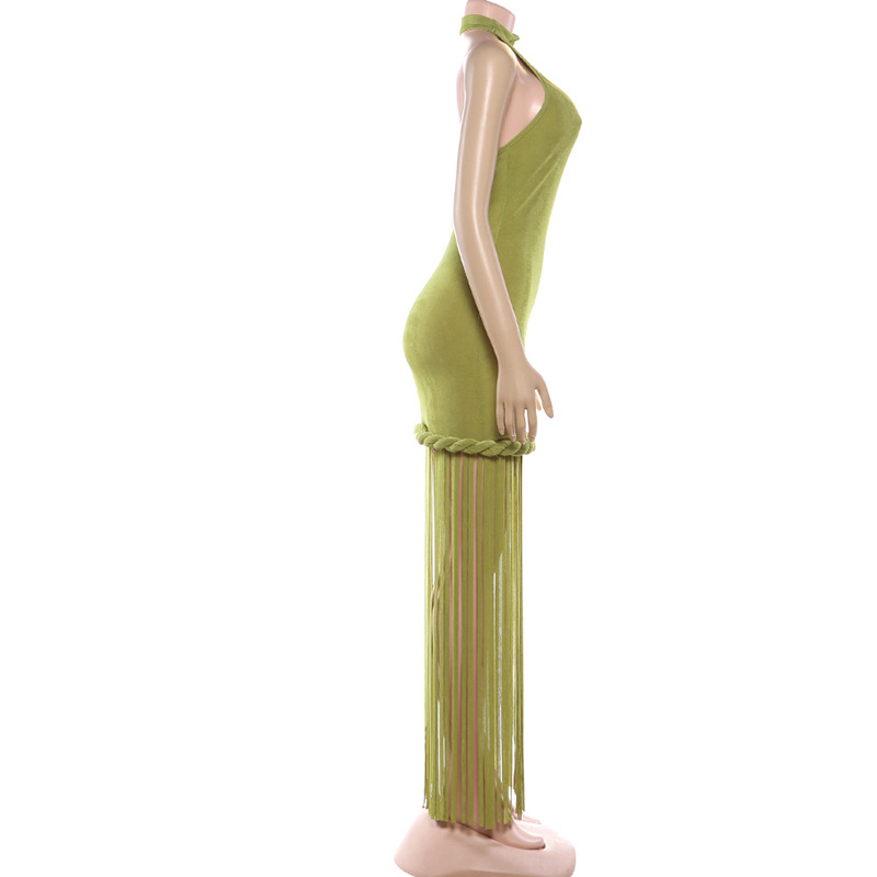 Fringed Halter Backless Dress for Spring Evening Events