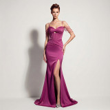 Women Sexy Satin High Slit Lace-Up Mermaid Maxi Evening Party Dress