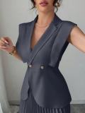 Women Sleeveless V Neck Top and Pleated Midi Skirt Two Piece Set