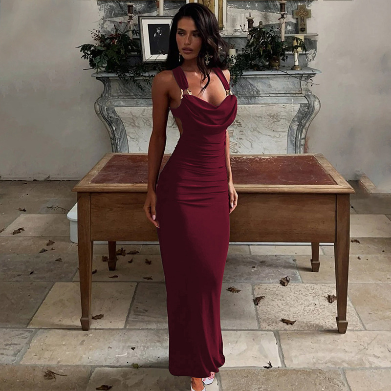 Backless Ruffled Lace-Up Maxi Dress for Evening Events