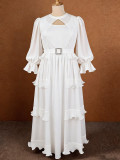Plus Size Women Cut-Out Rhinestone Belt Multi-Layer Ruffled Formal Party Elegant Pleated Dress