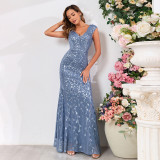 Spring Summer Women Double V Neck Stretch Sequin Lined Evening Dress