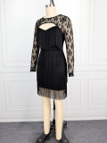Women Lace Long Sleeve Sexy Cut-Out Heart Print Fringed Dress