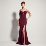 Women Sexy Satin High Slit Lace-Up Mermaid Maxi Evening Party Dress