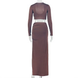 Women Solid Casual Bodycon Holiday U Neck Long Sleeve Two Piece Skirt Set