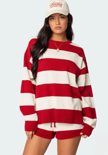 Women Summer Casual Round Neck Striped Patchwork Knitting Top and Shorts Two Piece Set