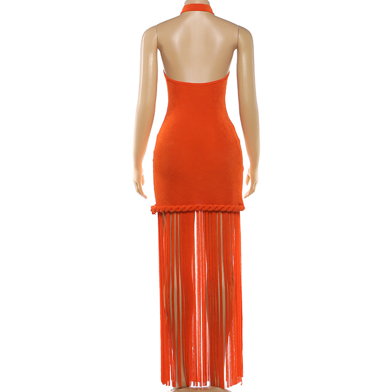 Fringed Halter Backless Dress for Spring Evening Events