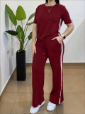 Women Casual Striped T-Shirt Straight Pants Two Piece Set