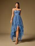 Spring Summer Women Strapless Layered Mesh Irregular Party Mini Dress