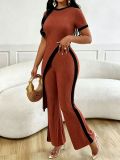 Women Fashion Colorblock Asymmetrical Open Waist Top Wide Leg Pants Set